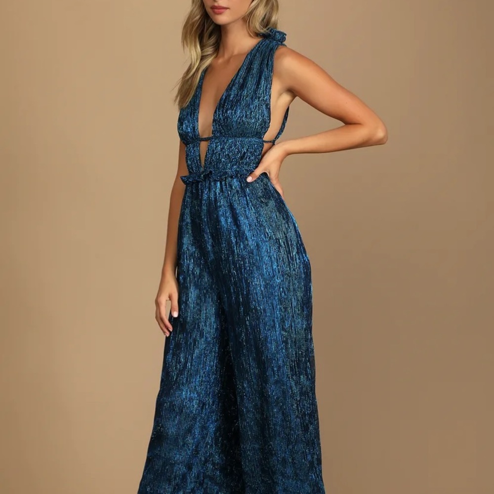 Party Factor Metallic Ruffled Wide Leg Jumpsuit
